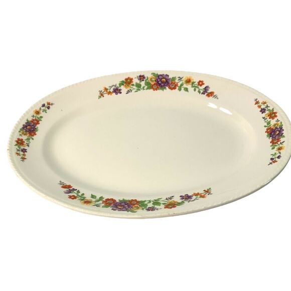 Vintage Crown Ivory China Platter Oval Purple Orange Yellow Floral Serving Plate - Picture 1 of 5
